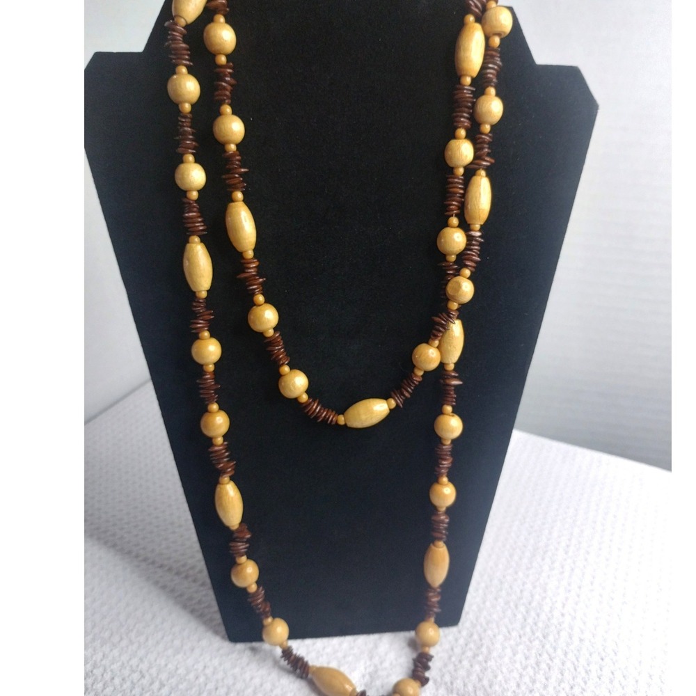 Vintage Long Wood Seed Bead Necklace Brown Tan Boho Nature Earthy 39" Boho‎